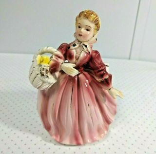 Vintage Victorian Woman Pink Dress With Basket Wall Pocket Japan Ceramic 4