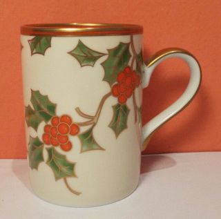Fitz And Floyd China Christmas Holly Coffee Mug Perfect Gold Red Green Tea Tall