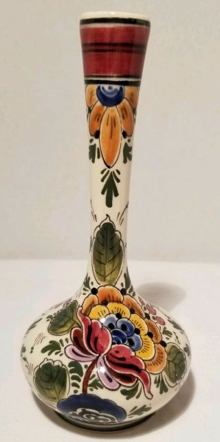 Vintage Poly Delft Hand Painted Floral Ceramic Bud Vase,  Made In Holland 6 "