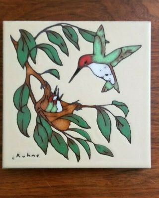 Collectible Leone Kuhne Hummingbirds Hand - Glazed Earth Tones Tile