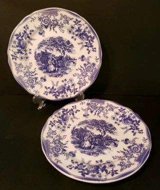 Quadrifoglio Ceramica Italy Set Of 2 Blue Transferware Print Salad Plates.
