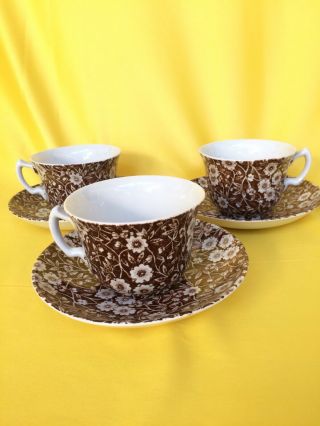 Staffordshire China Calico Brown Pattern Cup & Saucer - Set Of Three (3) Vintage
