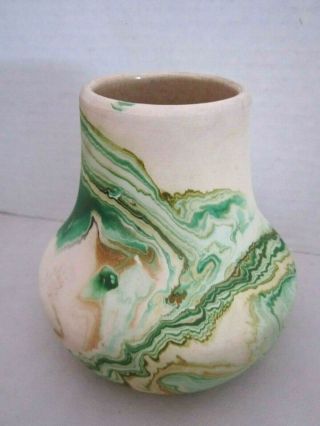 Vintage Nemadji Art Pottery Vase - Hand Painted - 5 " Tall - Green Beige Colors
