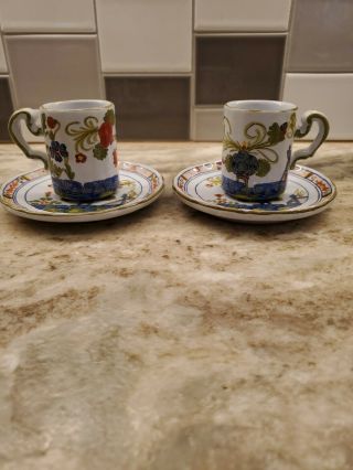Set 2 Cacf Faenza Blue Carnation Espresso Cups Saucers Made In Italy.  Hand Paint