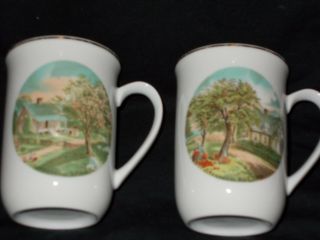 2 Vintage Currier And Ives Spring And Autumn Mugs/cups Tea Coffee Country 4 "
