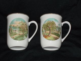 2 Vintage Currier and Ives Spring and Autumn Mugs/Cups Tea Coffee Country 4 