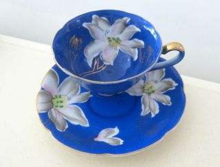 Antique Orion Occupied Japan Hand Painted Flowers Teacup Cup Saucer Blue