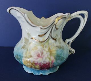 Rs Prussia Floral Creamer Pitcher Blue Pink Yellow Roses Gold Accent Euc Pretty