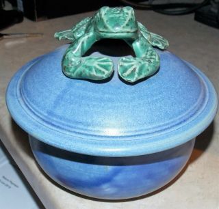 Vintage Crutchfield Blue Green Lidded Bowl Frog Artisan Pottery Hand Crafted