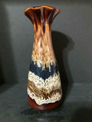 Vintage Mid Century Modern Royal Haeger Brown Blue Drip Glaze Ruffled Rim Vase