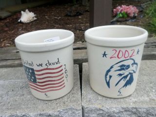 2 Vintage Pottery Rrp Co Roseville Ohio Stoneware Crock Patriotic 2001,  2002