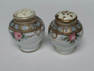 Pair Antique Japan Nippon Moriage Hand Painted Gold Gilt Salt Pepper Shakers