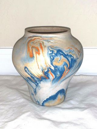 Colorful Vintage Nemadji Pottery Vase Swirls Of Blue Orange,  Handmade