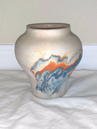 Colorful Vintage Nemadji Pottery Vase Swirls of Blue Orange,  handmade 4