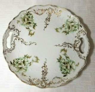 Vintage Cake Plate White Green And Gold 2 Handled 9 3/4 " Japan Porcelain