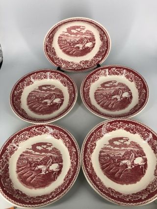 (5) Currier And Ives 8” Soup Bowls - “fox Hunting Full Cry” Homer Laughlin