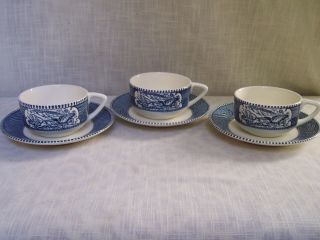 Royal China Currier And Ives Blue Cups Saucers Set Of 3