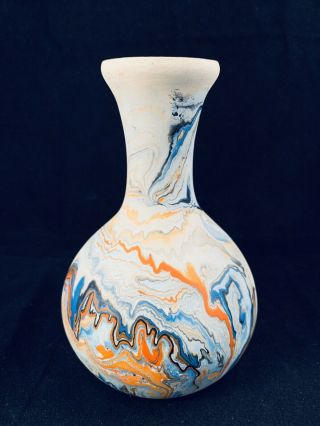 Vintage Nemadji Art Pottery Turquoise Blue Orange Swirl Bottleneck Vase 6.  5”