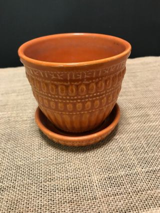 Vintage Mccoy Art Pottery Flower Pot/ Saucer Burnt Orange Signed U.  S.  A.  /used