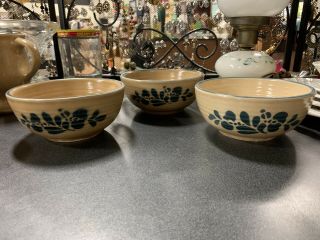 3 Pfaltzgraff Folk Art Pattern Soup / Cereal Bowl Usa Blue Tan