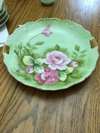 Vintage Lefton Green Heritage Roses Hand Painted Biscuit Handled Cake Plate