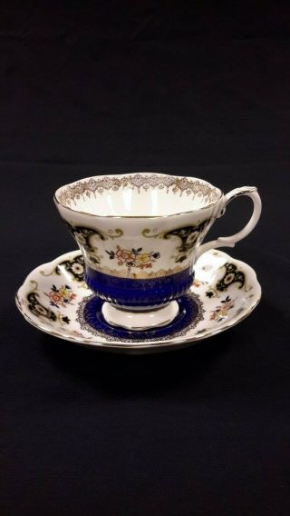 Royal Albert Dorchester Cobalt Fancy Gold Floral Tea Cup And Saucer