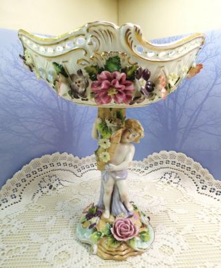 Vintage Sadek Porcelain 2pc Dresden Romance Style Compote Cherubs Applied Flower