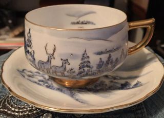 Hand Painted Cherry Co Tea Cup And Saucer Set Winter/deer Scene Cond