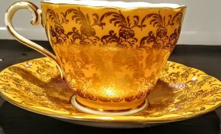 Vintage Aynsley Gold Chintz Flowers On Deep Yellow Bone China Tea Cup & Saucer