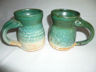 Set - 2 Vintage Turned Pottery Art Mugs,  Glazed Drip Ceramic Stoneware,  Read Pls