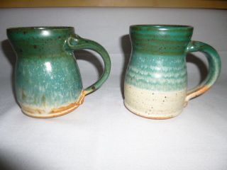 Set - 2 Vintage Turned Pottery Art Mugs,  Glazed Drip Ceramic Stoneware,  Read Pls 2