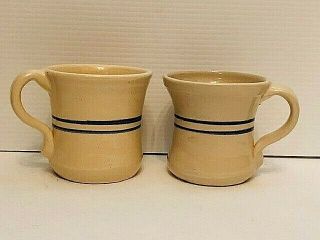 Signed Hand Thrown Vintage Marshall Pottery Stoneware Mugs W/ Blue Stripes