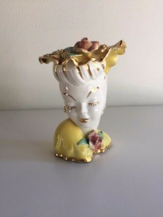 Lady Head Vase Yellow W/ Gold Accents 6 - 1/2 " Vintage