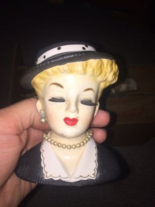 Vintage 1963 Inarco E - 969/s Head Vase Blonde With Hat Shirt 4 1/2 " Pearls