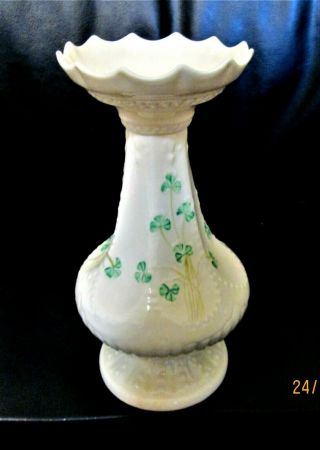 Gorgeous Irish Belleek Vase Cream W/ Green Shamrocks Marked Well 8 1/8 " T