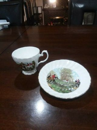 Set Of 2 Crown Dorset Teacups & Saucers Horse Hunting Fine Bone China.  Rare Vtg