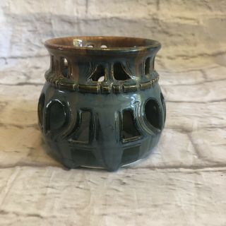 Hand Thrown Pottery Candle Holder Blue Gray Brown Signed By Maker Euc