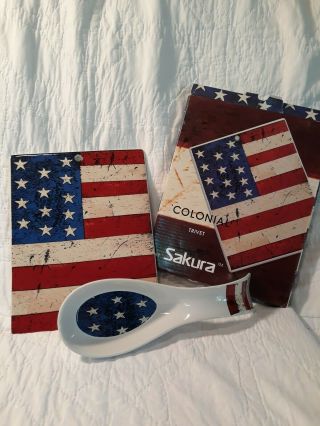 Warren Kimble Sakura Colonial Trivet & Spoon Rest American Flag 4th Of July