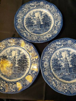 Liberty Blue Staffordshire 3 Dinner Plates Independence Hall See Photos