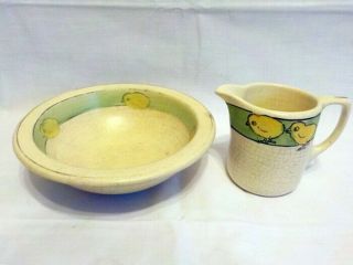 Vintage Roseville Pottery Juvenile Ware Chick Milk Pitcher & Bowl Childs Dishes