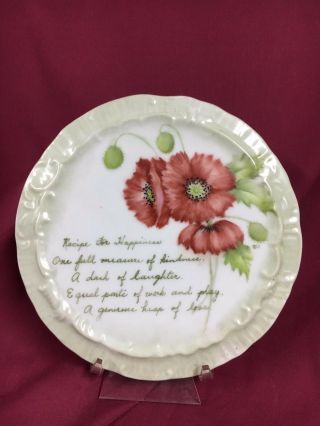 Vtg Hand Painted Porcelain Trivet With The Recipe For Happiness (and Poppies)