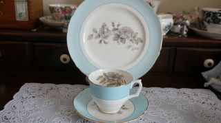 Vintage Crown Staffordshire Cup,  Saucer And Plate,  Trio,  Blue Band,  Gray Rose
