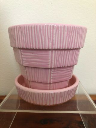 Vintage 1950’s Mccoy Pottery Planter Pink Basketweave 4” Tall Attached Saucer