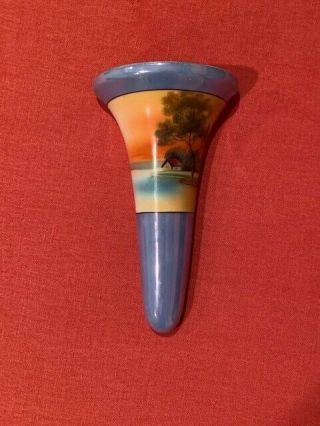 Vintage Noritake Hand Painted Hanging Wall/pocket Vase - Lake Scene,  Blue Orange