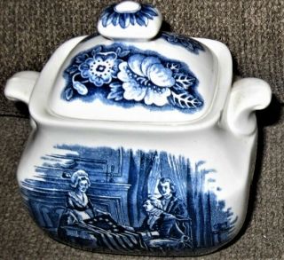 Vintage Liberty Blue Historic Colonial Scenes Betsy Ross Covered 4.  5 " Sugar Bowl