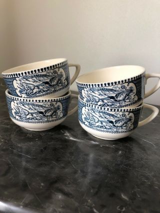 4 Vintage Currier And Ives Buggy Ride Tea Cups Blue And White