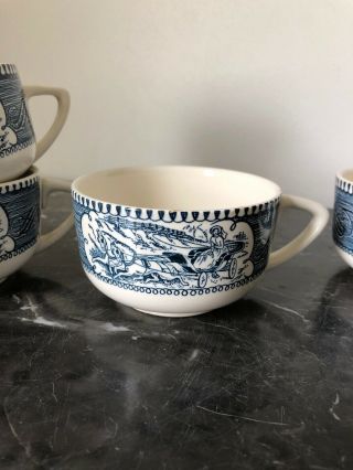 4 Vintage Currier and Ives BUGGY RIDE TEA CUPS BLUE AND WHITE 2
