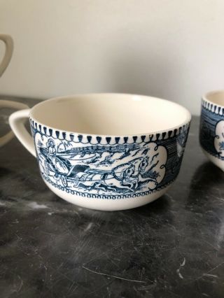 4 Vintage Currier and Ives BUGGY RIDE TEA CUPS BLUE AND WHITE 4