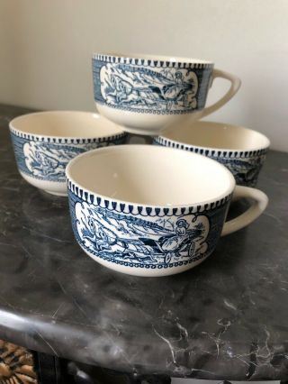 4 Vintage Currier and Ives BUGGY RIDE TEA CUPS BLUE AND WHITE 5