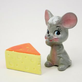Vtg 3 - 1/2 " Gray Mouse Swiss Cheese Ceramic Pair Salt & Pepper Shaker Set